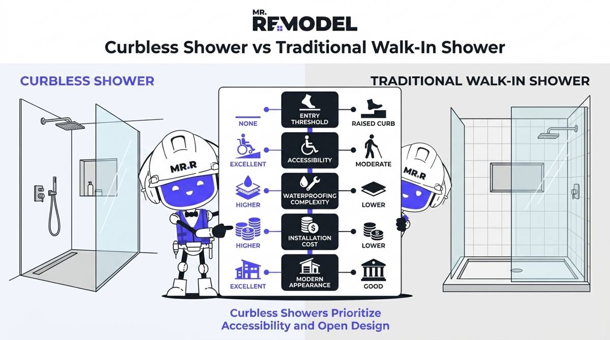 Side-by-side comparison infographic showing the differences between curbless showers and traditional walk-in showers.